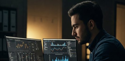Image of a journalist analysing data created with Gemini Imagen 3 AI by Media Helping Media