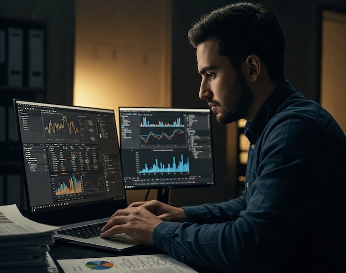 Image of a journalist analysing data created with Gemini Imagen 3 AI by Media Helping Media