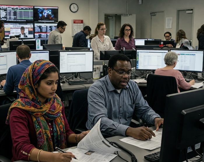Image of a diverged newsroom created with Gemini Imagen 3 AI by Media Helping Media