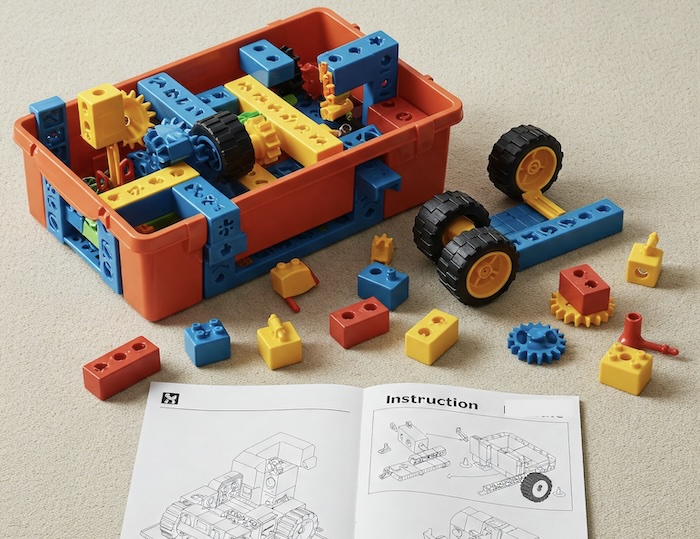 Graphic of a construction kit and instructions created using Google Gemini AI
