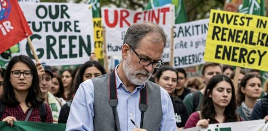 Image of a journalist reporting on a climate change rally created with Gemini Imagen 3 AI by Media Helping Media