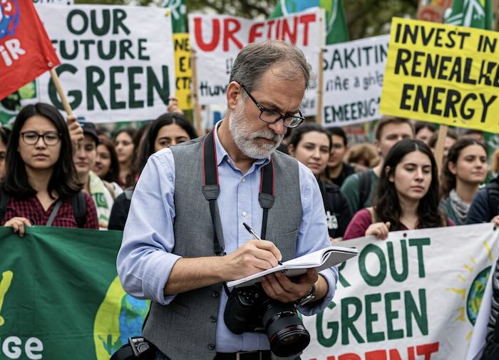 Image of a journalist reporting on a climate change rally created with Gemini Imagen 3 AI by Media Helping Media
