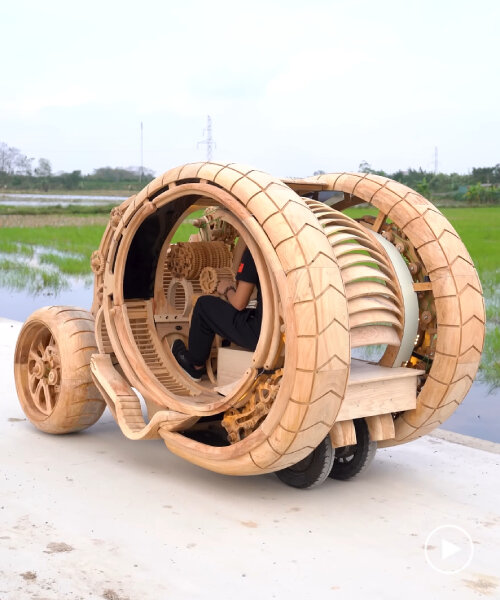 functional wooden car resembling time machine comes to life after it was designed with AI