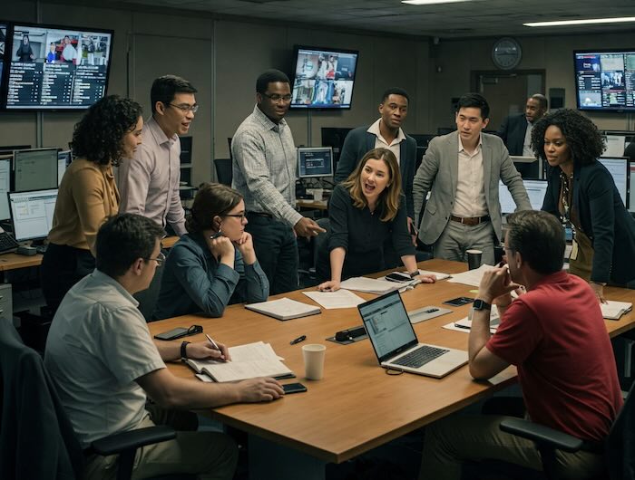 Image of newsroom meeting created with Gemini Imagen 3 AI by Media Helping Media