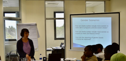 Naomi Goldsmith delivering gender training to female journalists in Tanzania